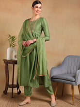 Women Green Silk Blend Yoke Design Straight Kurta Pant Set With Dupatta